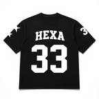 Hexa oversized baseball T-shirt in white with navy and red graphic print, casual fit, and short sleeves.