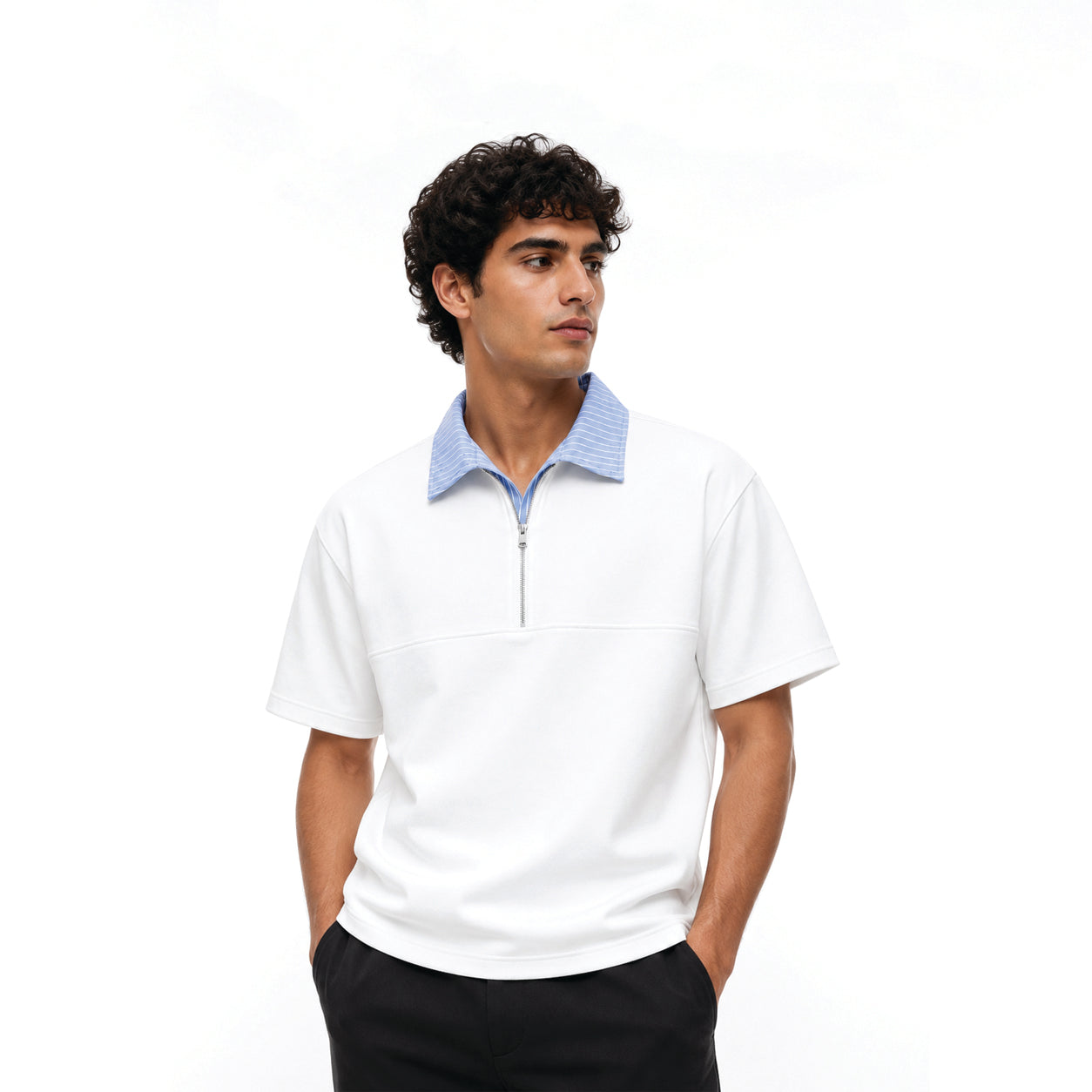 HEXA WHITE BLUE HALF ZIP POLO T-SHIRT