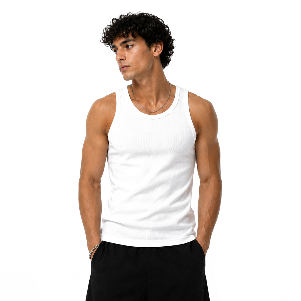 White HEXA tank top displayed on a hanger, sleeveless casual top with a round neckline for everyday wear.