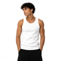 White HEXA tank top displayed on a hanger, sleeveless casual top with a round neckline for everyday wear.