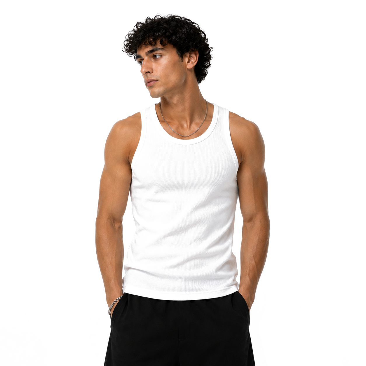 White HEXA tank top displayed on a hanger, sleeveless casual top with a round neckline for everyday wear.
