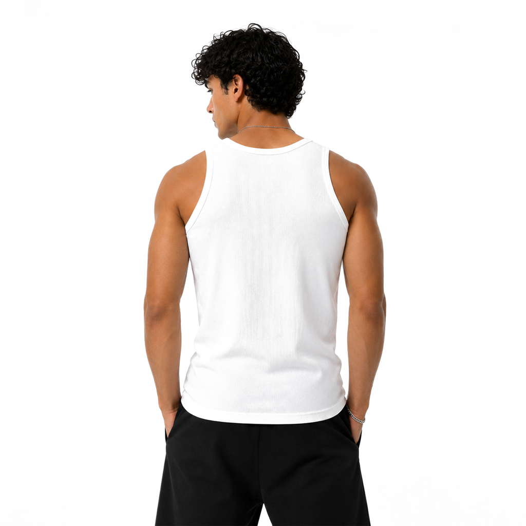 White HEXA tank top displayed flat, showing its smooth fabric and simple sleeveless design for casual wear.