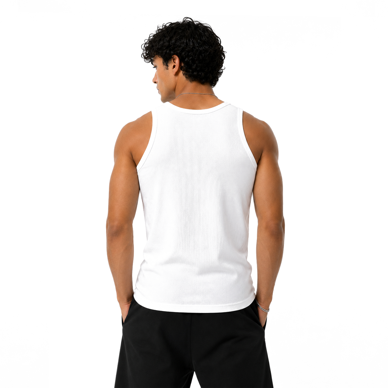 White HEXA tank top displayed flat, showing its smooth fabric and simple sleeveless design for casual wear.