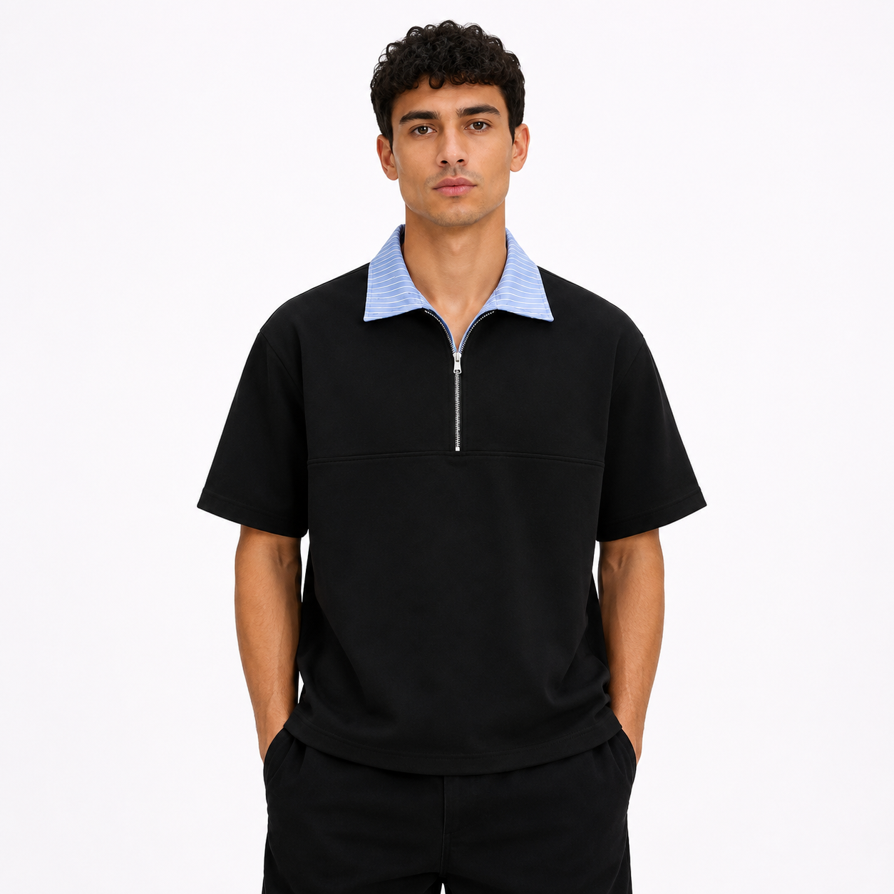 HEXA BLACK BLUE HALF ZIP POLO T-SHIRT