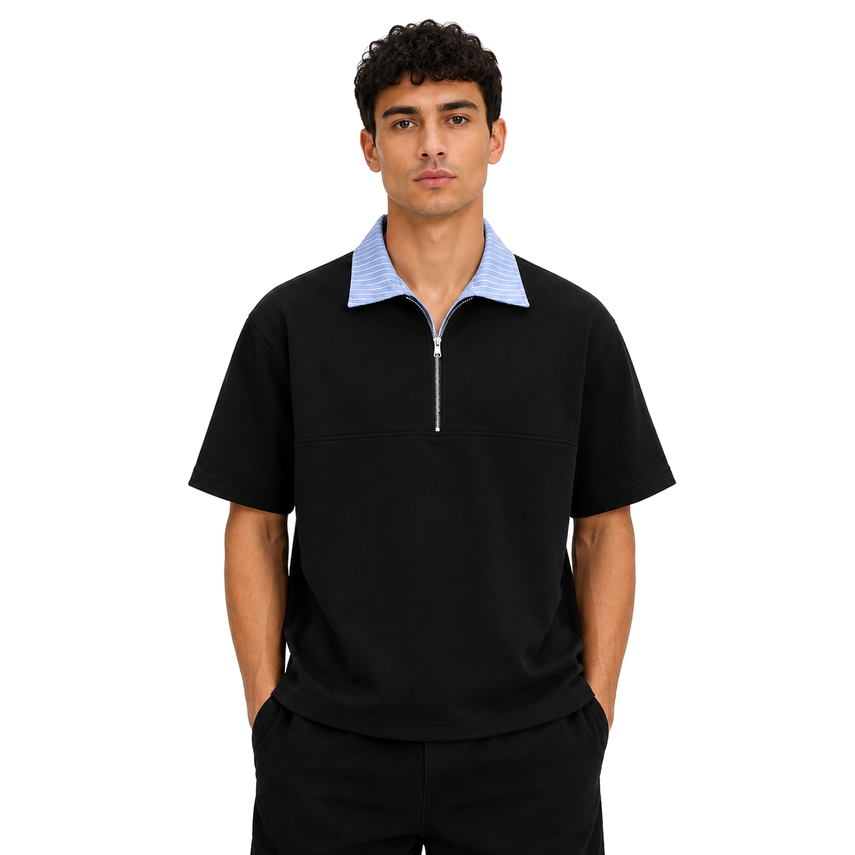 Hexa half zip polo shirt in navy, featuring a collar and quarter zipper, made from comfortable, casual fabric.