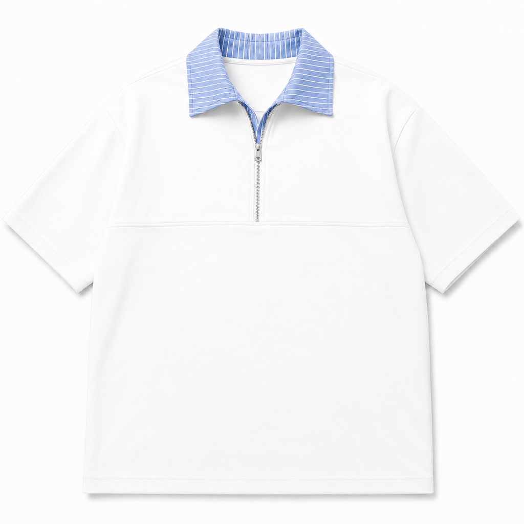HEXA WHITE BLUE HALF ZIP POLO T-SHIRT